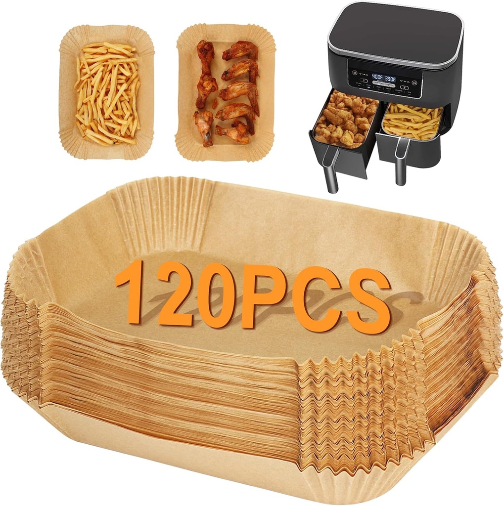 BYKITCHEN Air Fryer Liners for Ninja Dual Air Fryer, Set of 120, Rectangle Disposable Air Fryer Liners Compatible with Ninja DZ201/DZ401/DZ550/SL401, Instant Vortex and Other DualZone Airfryer
