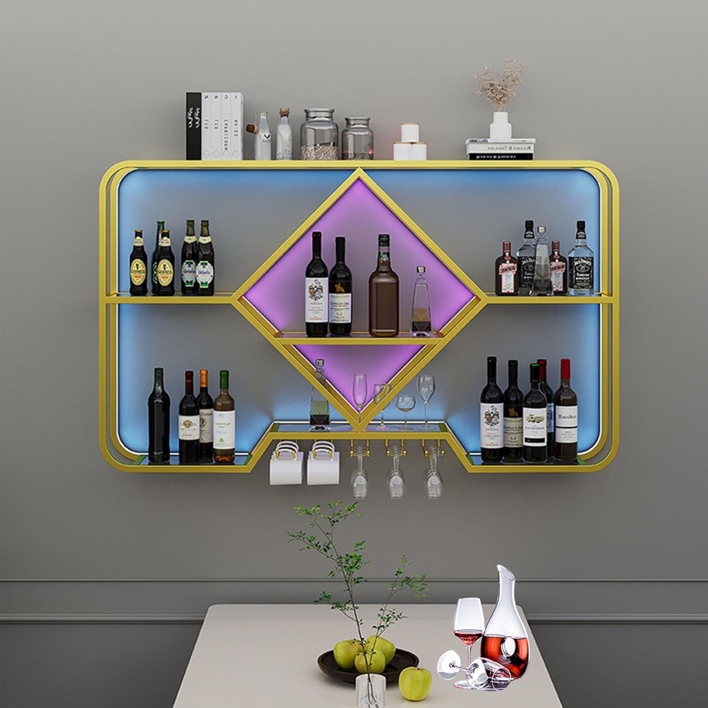 Metal Wine Rack Bar Shelves Wall Mounted Mini Bar with Wine Glass Rack Holder Liquor Cabinet Bottle Display Shelf Floating Bar Whiskey Shelf Kitchen Shelf Rack with light strip for Home Bar Cafe ( Col
