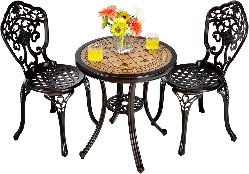 Giantex 3 Piece Patio Bistro Set, Cast Aluminum Patio Table and Chairs with Adjustable Feet, Outdoor Dining Chairs and Table Set for Lawn Porch Garden Balcony Backyard Poolside (Red Copper)