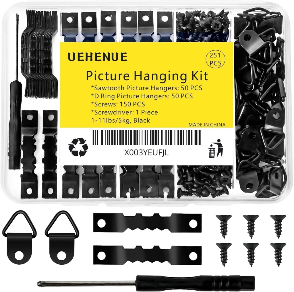251 Pcs Picture Hanging Kit, Include 50 Sawtooth Picture Hangers, 50 D Rings, 150 Screws and Screwdriver, Heavy Duty Picture Frame Hanging Hardware for Wall Artworks Frame Canvas Mounting