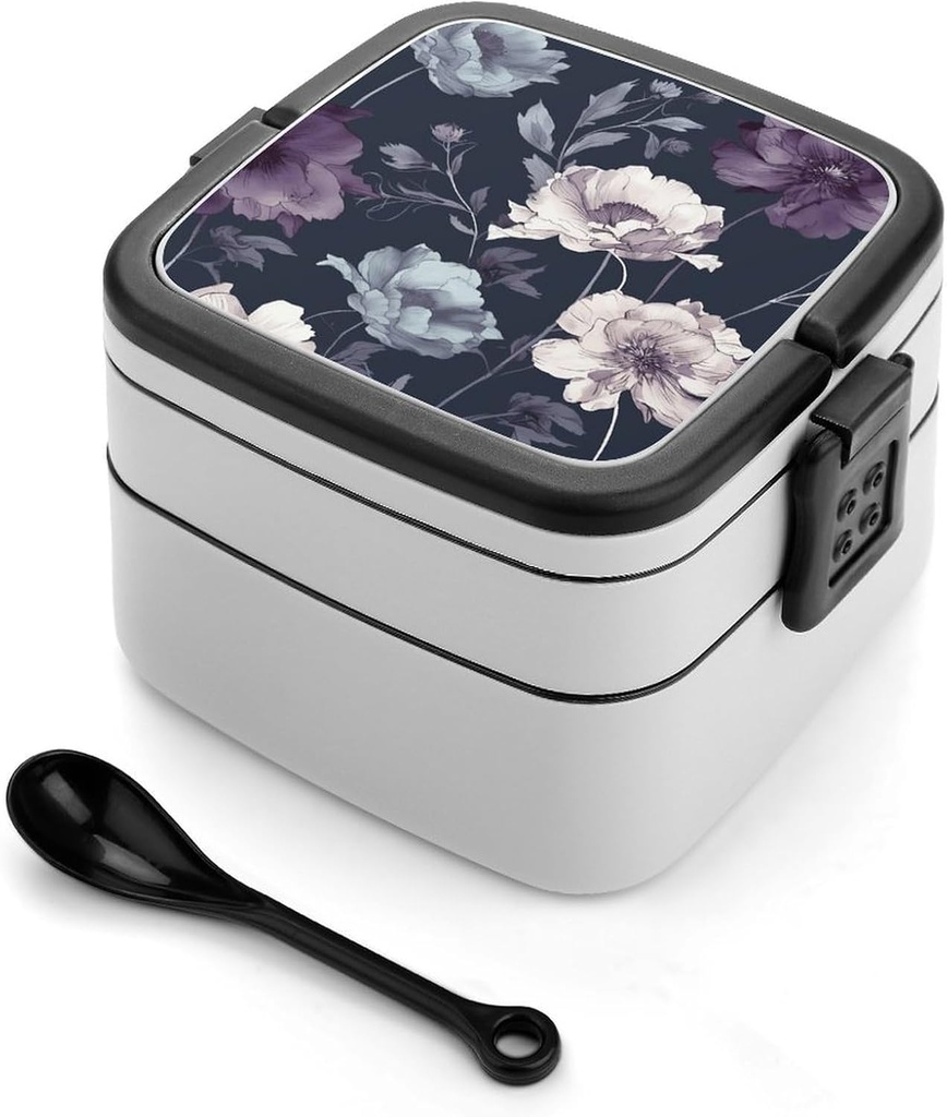 Bento Lunch Box for Women Lunch Containers for Adults Hand Painted Flowers Double Layered Lunchbox Large Capacity Bento Box with Cutlery for Work Picnic Camping Travel