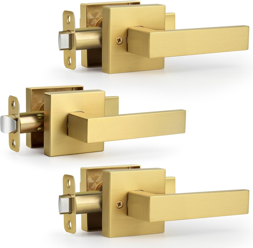 Moquin Brushed Gold 3 Pack Wholesale Square Design Non-Locking Passage Door Handle, Heavy Duty Door Lever Without Keys and Lock, Reversible Handle for Hallway/Closet Door in Satin Brass Finish