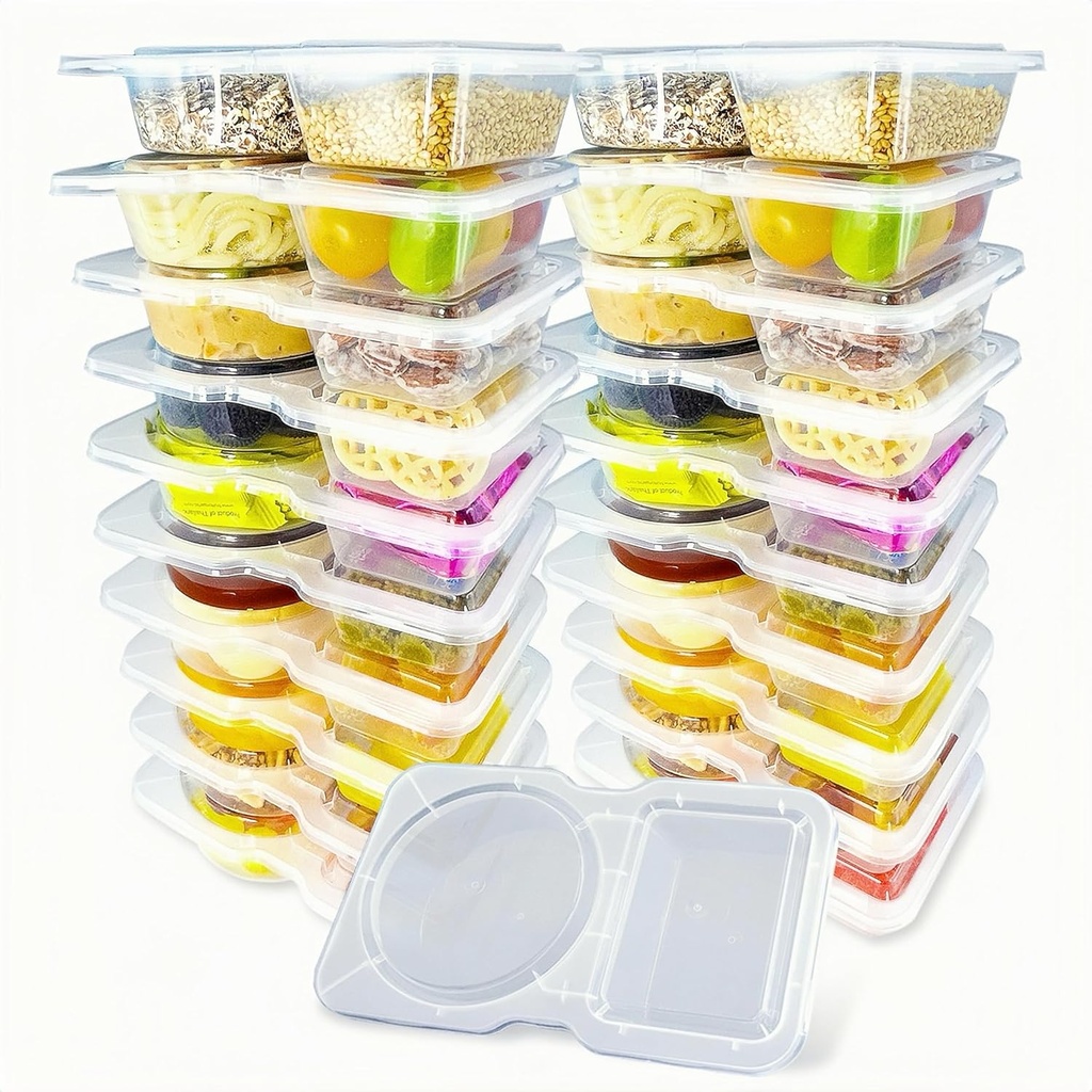 20Pack Reusable Snack Containers with Lids, Two Compartment Condiment Containers, Plastic Food Storage Containers for Lunch, Sauce and Mini Easy Take Out