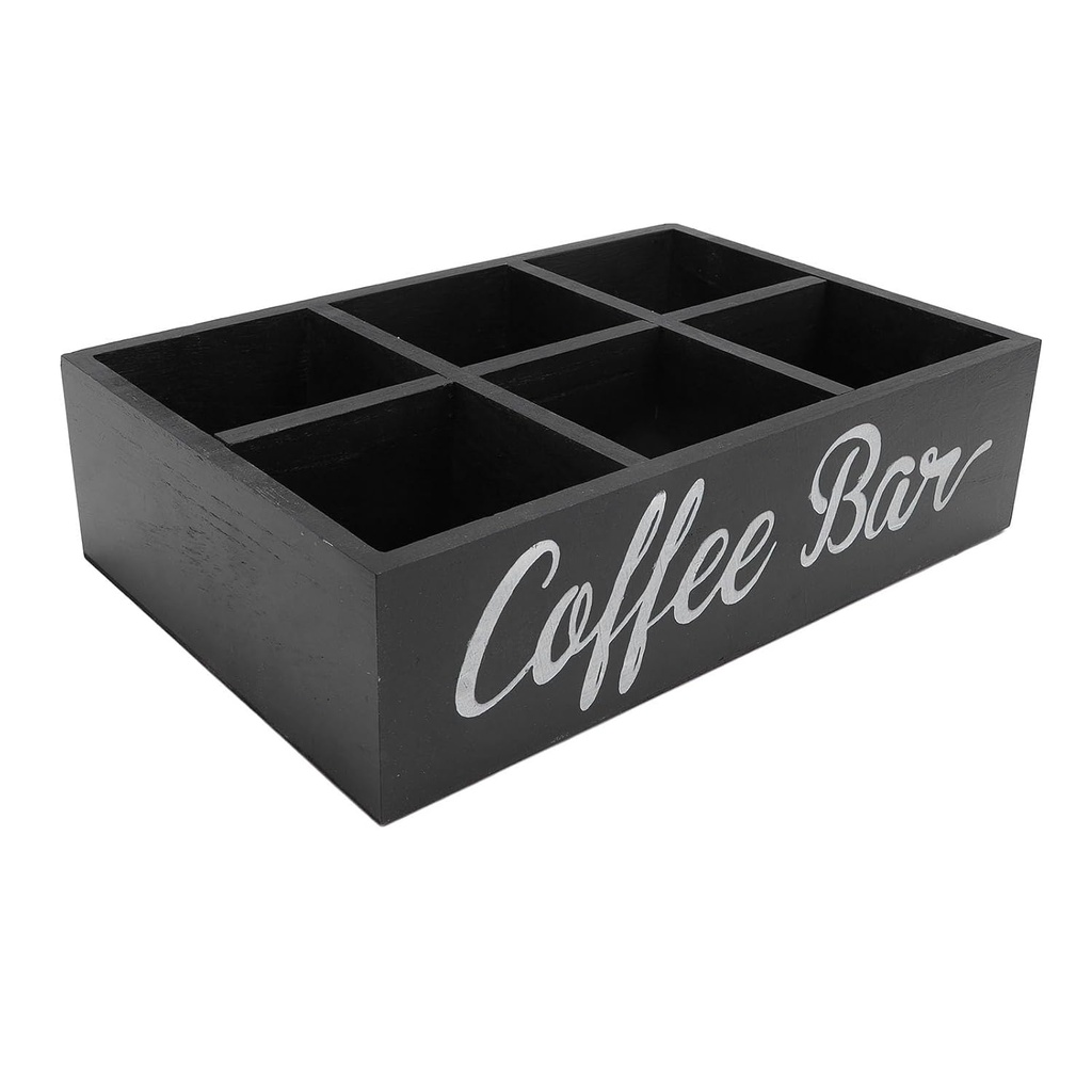 Coffee Station Organizer with Divider, Wooden Coffee Bar Countertop Storage Basket with 6 Compartments for Organizing Coffee Pods Stir Sticks Tea Bags Sugar Packets