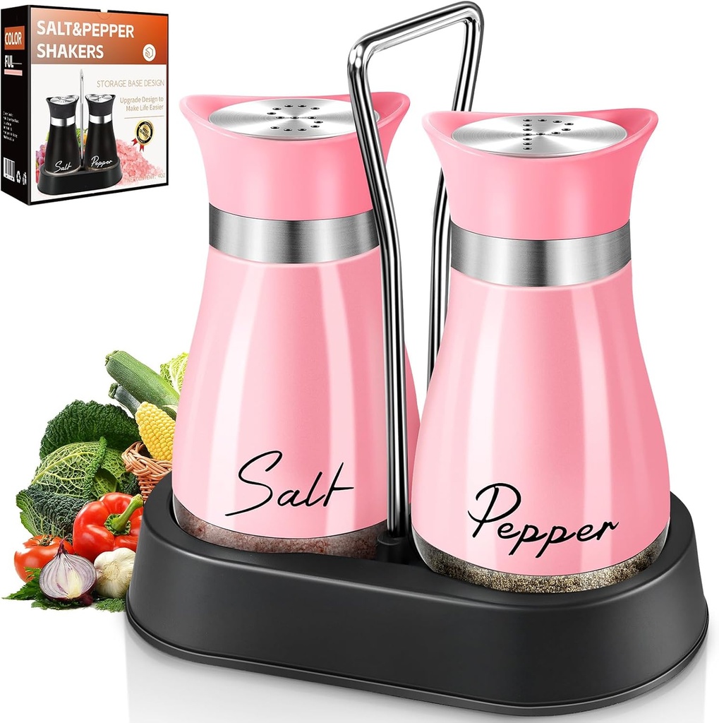 Salt and Pepper Shakers, Farmhouse Salt and Pepper Shakers Set with Holder, electroplated Handle, 4 oz Stainless Steel Glass Bottle Dispenser, for Table, RV, Camp, BBQ (Pink)