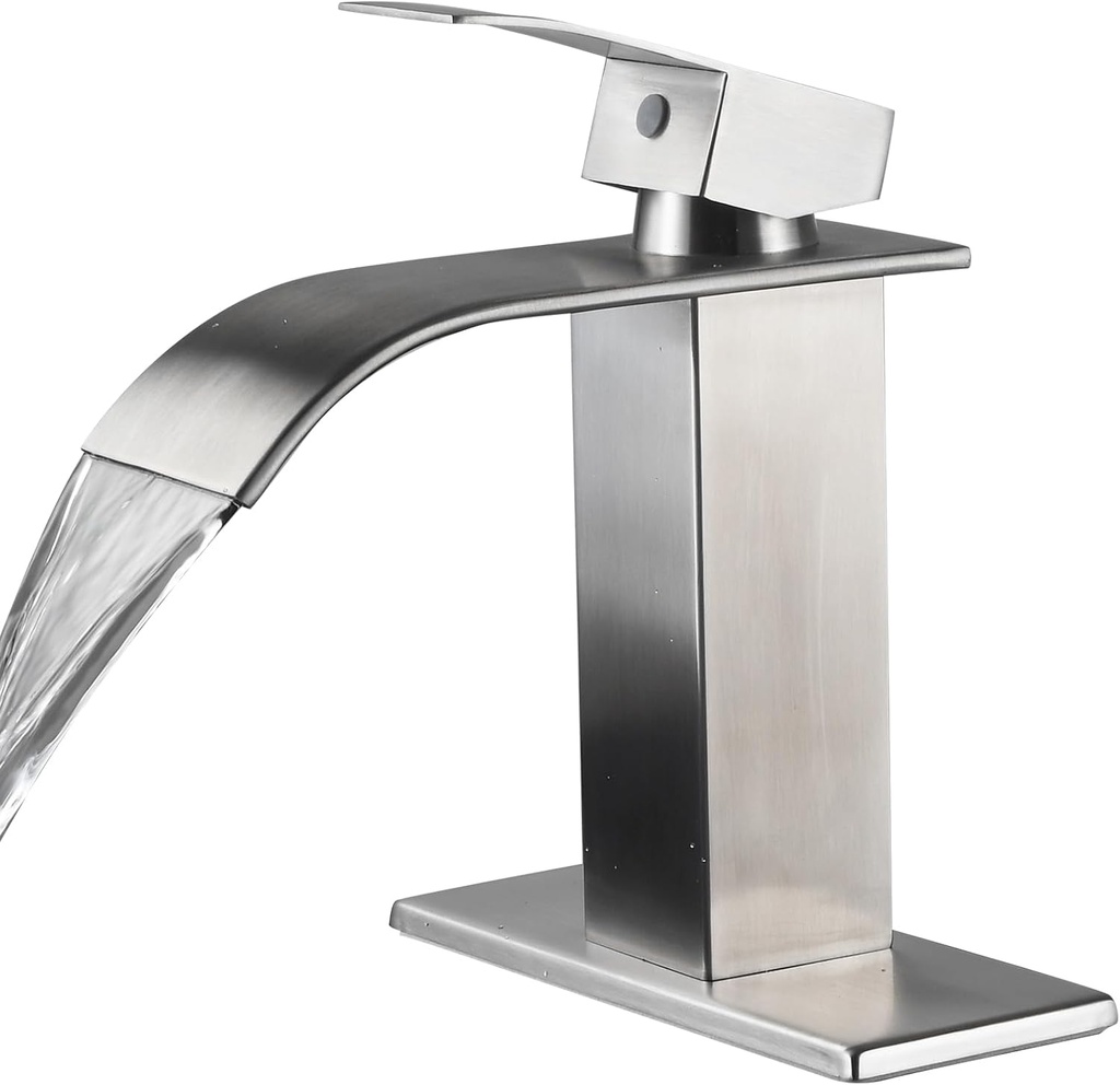 Bathroom Faucet, 1 or 3 Hole Brushed Nickel Modern Bathroom Faucet, Waterfall Spout Faucet for Bathroom Sink, Single Handle Vanity Sink, Rv Lavatory Washbasin with Deck Plate & Hose
