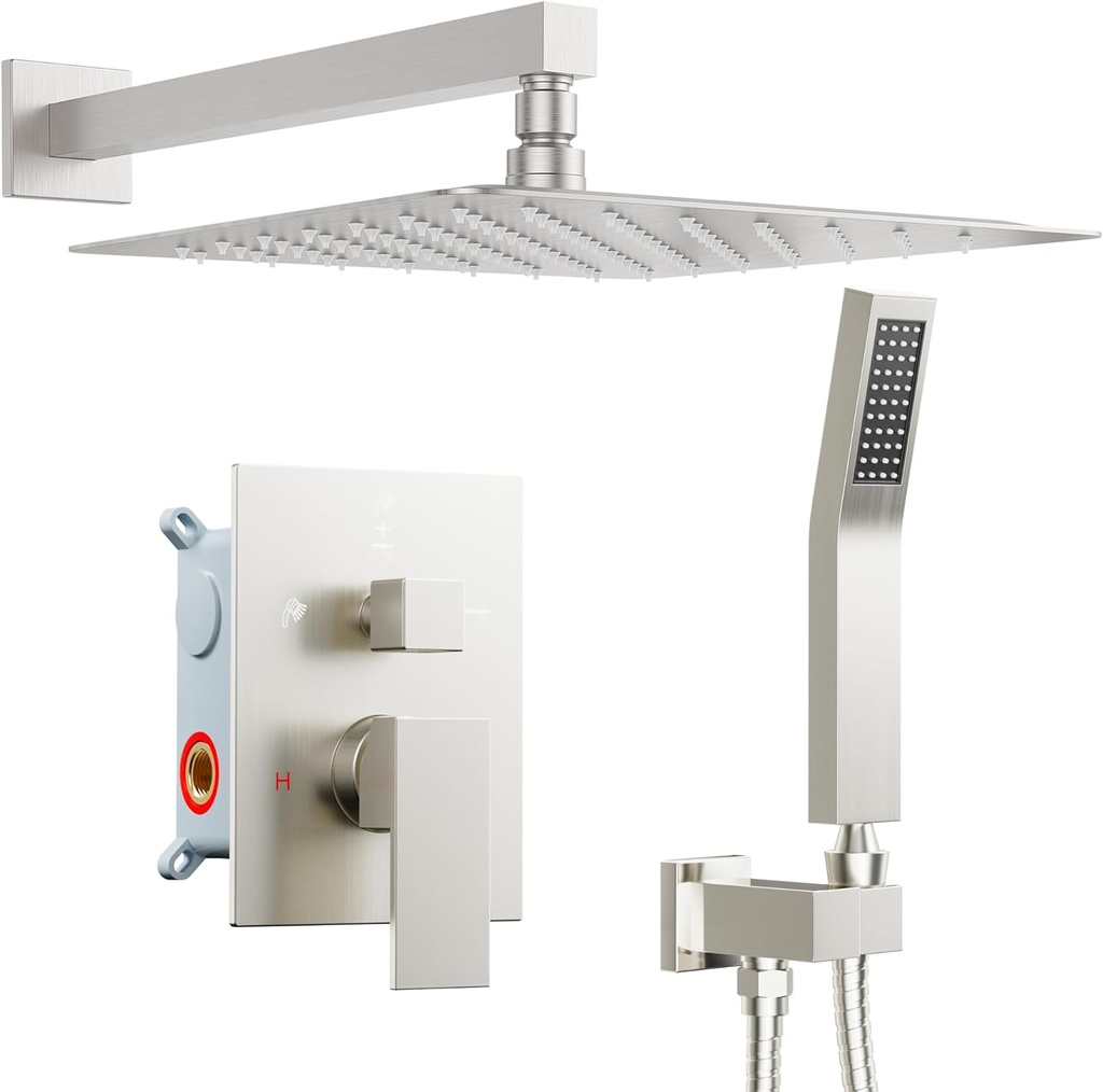 Rain Shower System Brushed Nickel, Starbath Rainfall Shower Head with Handheld Spray Complete Wall Mounted Rainfall Shower Faucet Set,2 Way Pressure Balance Shower Valve and Trim Kit Included