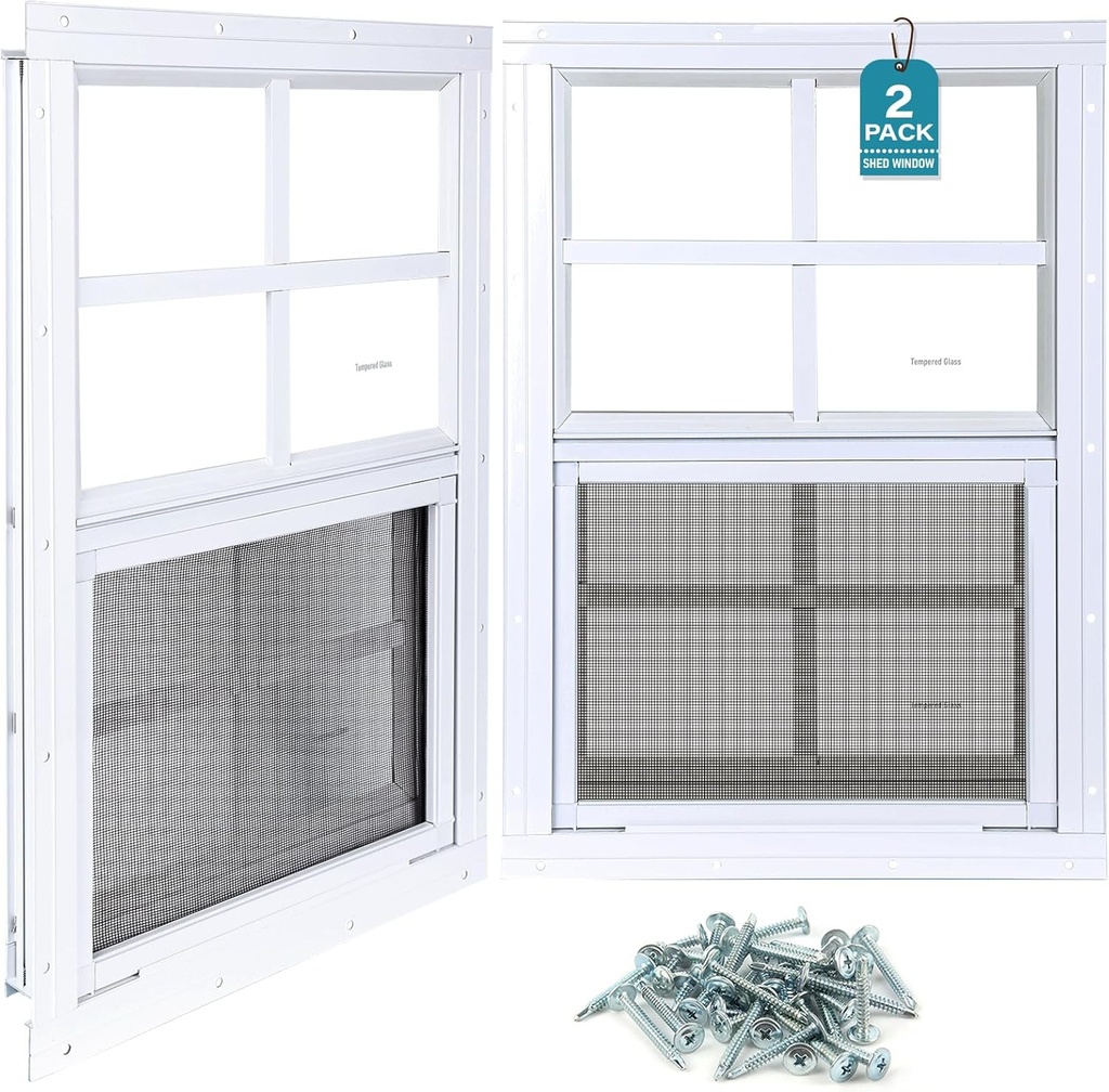 Melkus 2 Pack Shed Windows, 12"x18" Flush Mount Chicken Coop Windows with Thicker Tempered Glass and Screen, Sliding Windows for Chicken Coop, Shed, Garage, Playhouse, Barn,Greenhouse, White