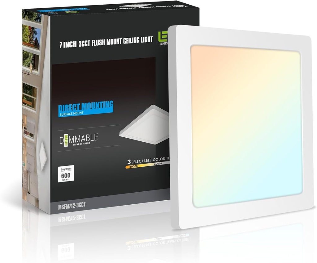 mw 7 Inch Square LED Flush Mount Ceiling Light, Slim LED Ceiling Lights, Dimmable 12W, 3000K/4000K/5000K, Low Profile White Fixtures for Bedroom, Kitchen, Bathroom, ETL Listed, Each Side is 6.38"