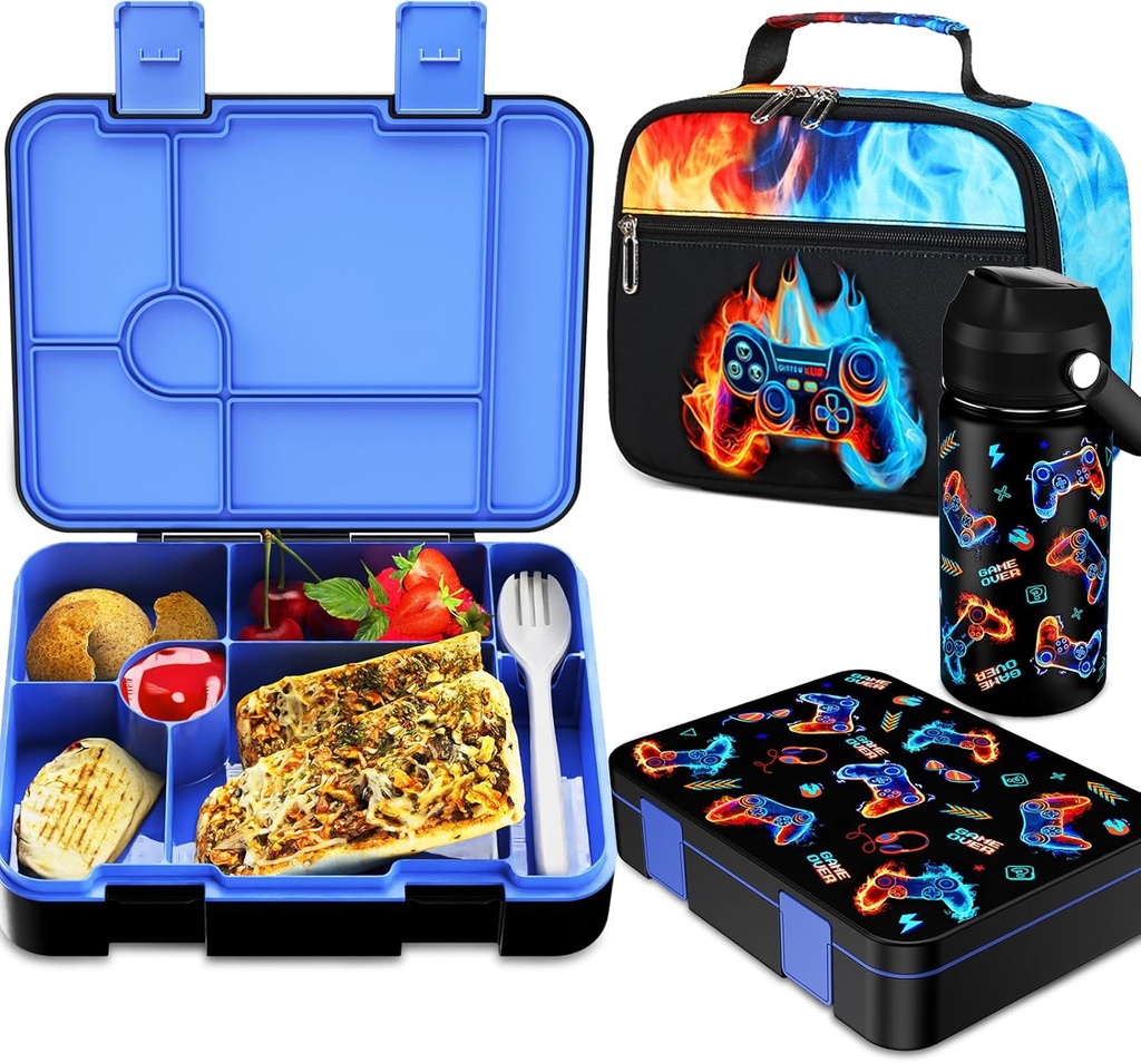 Bevalsa Kids Bento Lunch Box with 6 Compartment, Stainless Steel Metal Water Bottle, Insulated Bag & Utensils, BPA-Free Leakproof Food Container for School Boys Girls, Back To School Gift