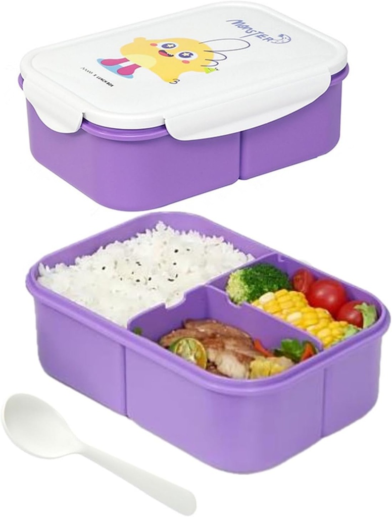 Bento Box Adult Lunch Box with 3 Compartment, Lunch Box Kids,Bento Box, Ideal Leak Proof Lunch Box Containers,No BPAs Bento Box for Kids,Microwave Safe Lunch Box (1.8L, Purple-Yellow Monster)