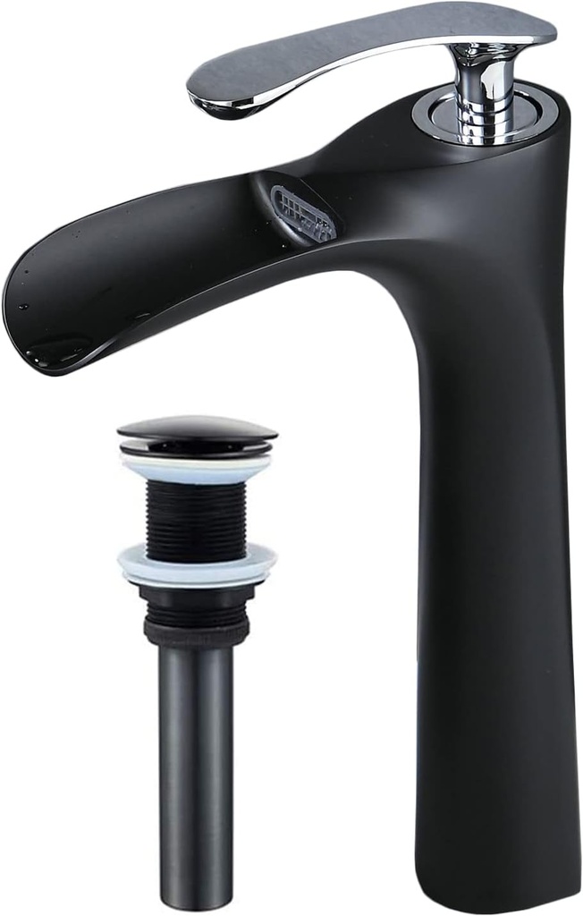 Single Handle Waterfall Bathroom Vessel Sink Faucet with Extra Large Rectangular Spout,One Hole Deck Mount Lavatory Commercial Mixer Tap,Black