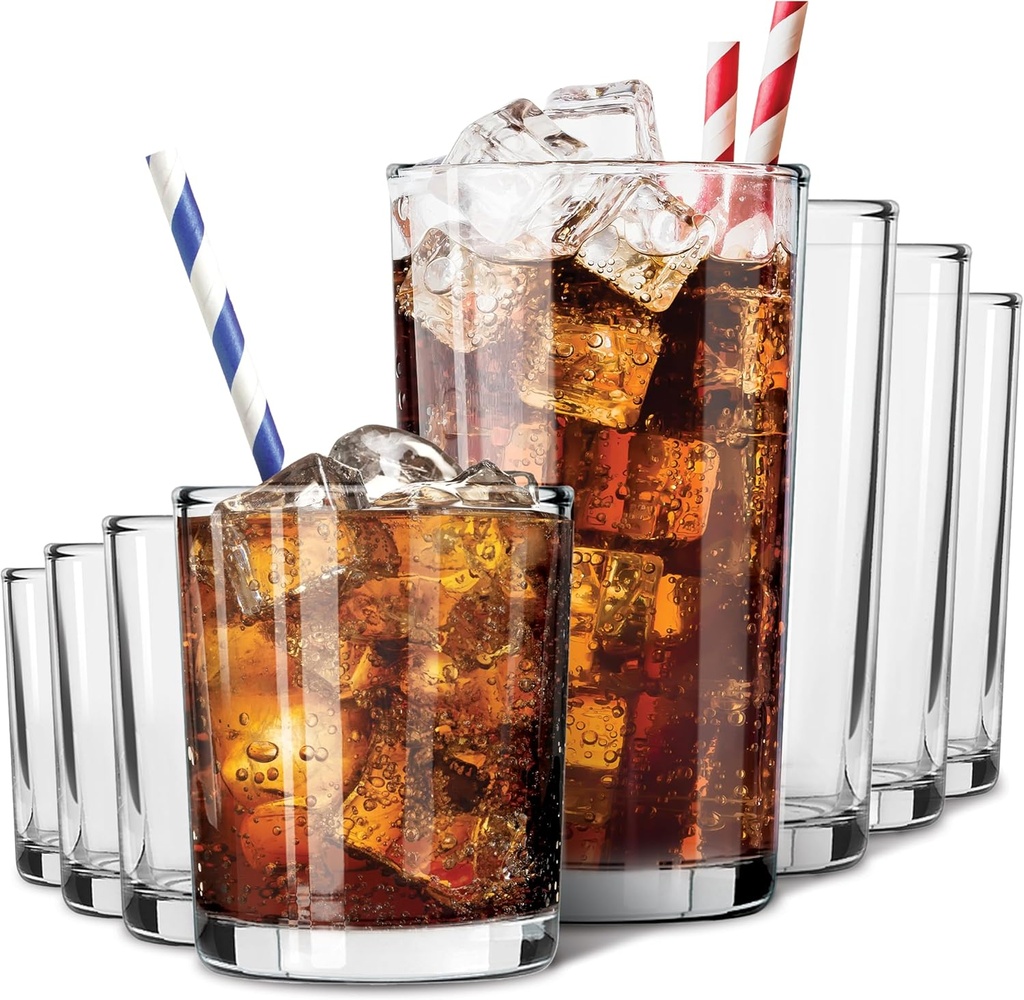 Clear Plastic Drinking Glasses (8 Piece) Shatter Proof Acrylic Drinkware Cup Set 12 & 16oz Combo Pack For Home, Outdoors Restaurants & Kitchen, Stackable Reusable BPA Free Plastic Tumblers