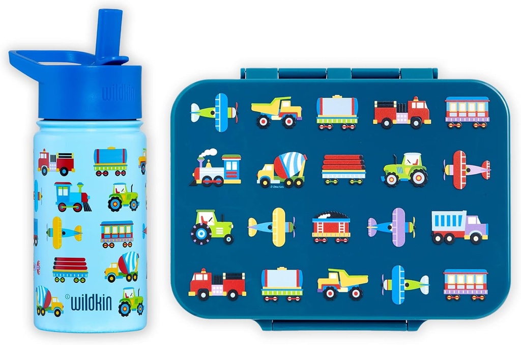 Wildkin Kids Bento Box Bundle with 14 Ounce Steel Water Bottle (Trains, Planes & Trucks)