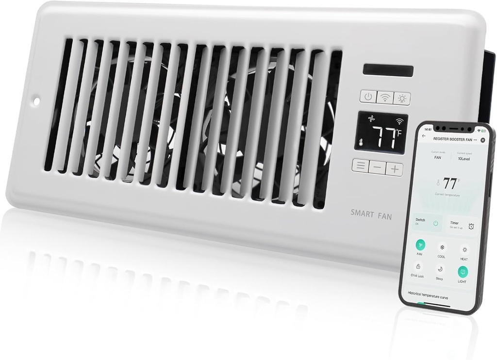 Super Quiet Register Booster Fan for 4" x 10" Register Holes, Smart Register Vent with Dual Intelligent Thermostat and WIFI App Control, Heating Cooling AC Vent Fan (White)