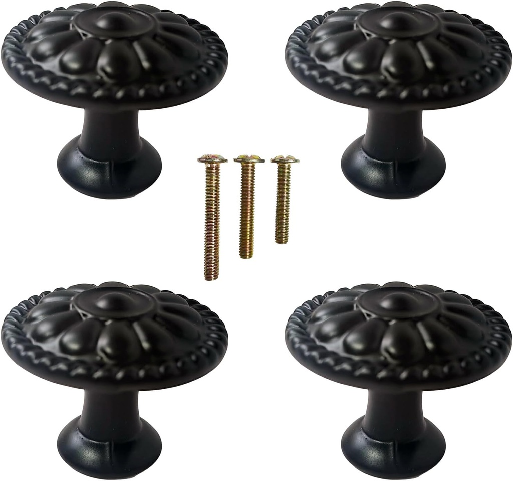 4 Pack of Matte Black Kitchen Cabinet Knobs Pulls, Matte Round Farmhouse Dresser Handles Drawer Knobs for Modern Home Furniture Door, Victorian Floral Pattern