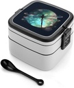 Bento Box Stackable Lunch Box with 2 Compartments Leak-Proof Food Storage Containers Galaxy Animal Dragonfly Bento Lunch Box for Adults Lunch Containers with Utensil Set