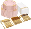 Ciaell 300PCS Pink and Gold Plastic Plates - Pink Disposable Dinnerware Sets for 50 Guests - 100 Plates, 50 Knives, 50 Forks, 50 Spoons, and 50 Napkins for Wedding, Anniversary and Party