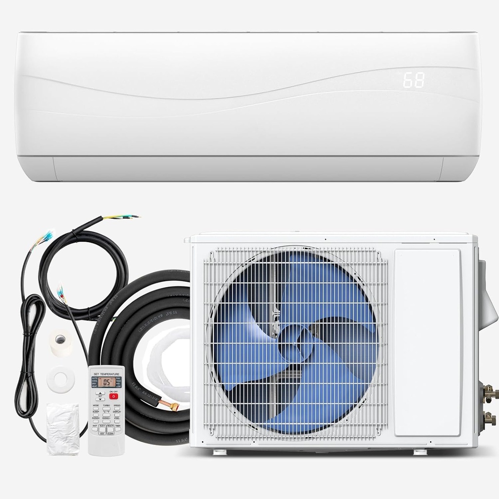 KOTEK 9000 BTU Mini Split AC/Heating System, 17 SEER2 Inverter Ductless AC Unit, Cools Up to 450 Sq. Ft, Wall Mounted Air Conditioner with Heat Pump & Installation Kit (9000BTU, 208-230V, 17 SEER2)