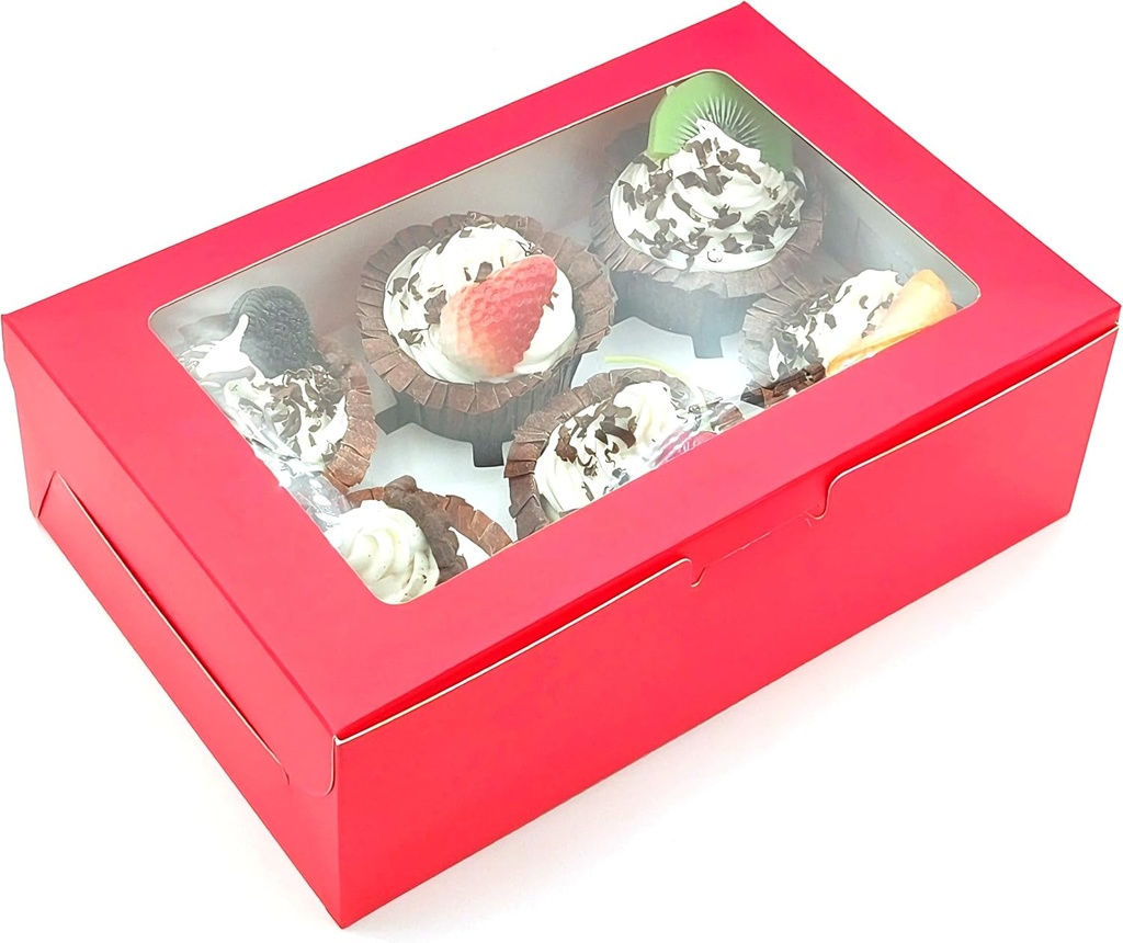 10-Set Cupcake Boxes Bulk with Clear Display Window Hold 6 Standard Cupcakes, Disposable Food Grade Red Cupcake Carrier Cupcake Container, Perfect for Cupcakes Muffins Cookies Pastries