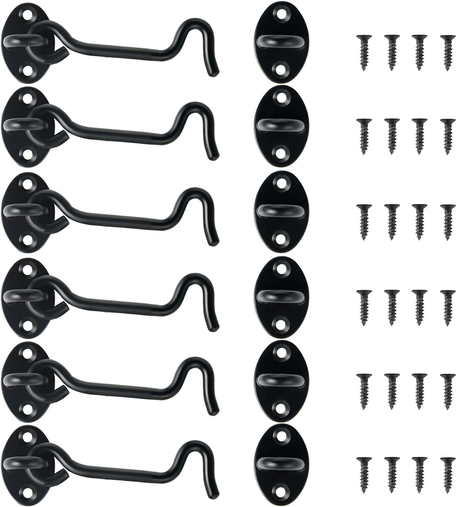 4" Hook and Eye Latch 6-Pack, Heavy Duty Solid Stainless Steel Cabin Privacy Hooks Latch with Mounting Screws for Barn Doors, Bathrooms, Sliding Doors, Sheds, Blinds, Bedrooms. (Black)