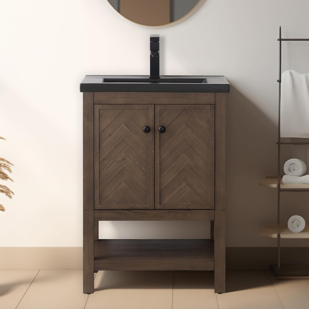 UrbanFurnishing.net Landon Collection 24" inch Bathroom Sink Vanity Set with Integrated Porcelain Sink - Black