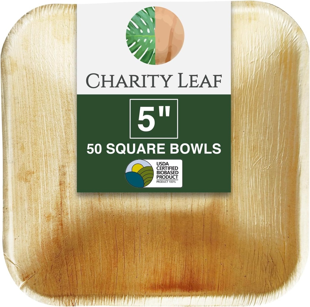 Charity Leaf Disposable Palm Leaf 5" Square Bowl (50 pcs) Dipping Bowls | Bamboo Like| All Natural and Biodegradable | Charcuterie Boards, BBQs, and Parties