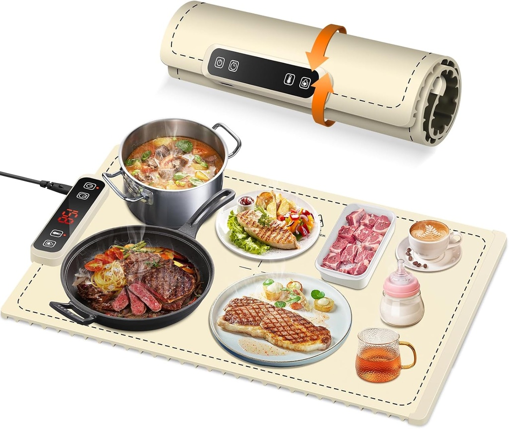 Warming Mat for Food, 6 Temp Adjustable Silicone Electric Warming Tray, Full Surface Heating Food Warmer, 6 Hours Timer & Safety Lock, Auto Shut-Off for Buffets Party Beige