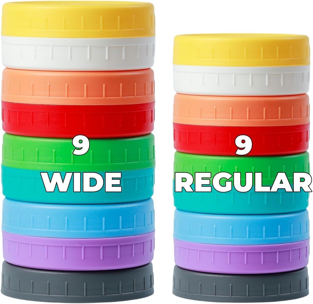 18 Pack 9 Wide Mouth & 9 Regular Mouth Mason Jar Lids with Silicone Rings,Thickened Leak-proof Lids Fit Ball,Kerr and More, 18 Color Plastic Lids, 86mm &70mm Plastic Mason Jar Lids
