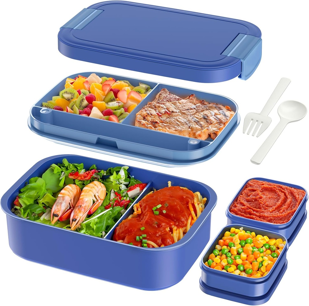 Adult Lunch Bento Box - 66oz / 1960ml Bento Box for Adult, Lunch Containers with 2 Sauce Containers & Utensil Set, 100% Leak Proof, BPA-Free, Dishwasher/Microwave Safe, Office, School & Picnic, Blue
