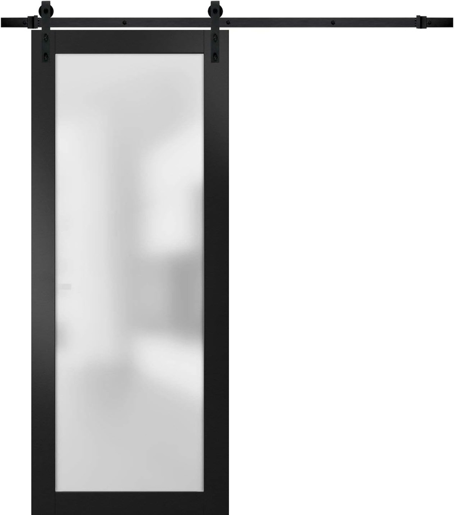 SARTODOORS Planum 2102 | Interior Single Sliding barn Door with Frosted Glass, Solid Wood, 36x84, Black, Modern Style | Hardware Included