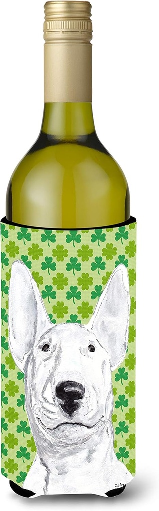 Caroline's Treasures SC9576LITERK Bull Terrier Lucky Shamrock St. Patrick's Day Wine Bottle Hugger Bottle Cooler Sleeve Hugger Machine Washable Collapsible Insulator Beverage Insulated Holder