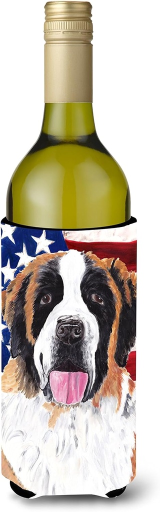 Caroline's Treasures SC9027LITERK USA American Flag with Saint Bernard Wine Bottle Hugger Bottle Cooler Sleeve Hugger Machine Washable Collapsible Insulator Beverage Insulated Holder