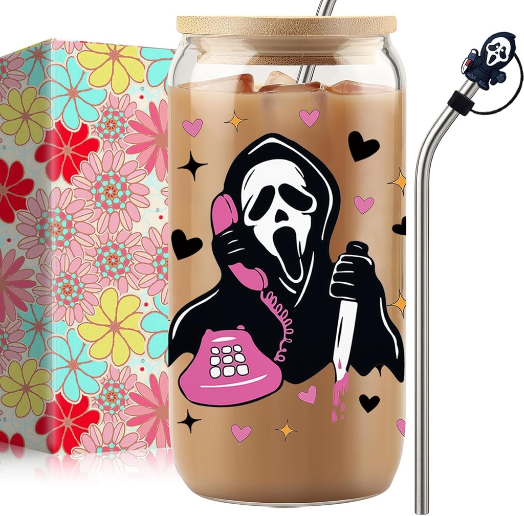 16oz Halloween Ghost Glass Cups with Lids and Straws, Cute Scream Skull Themed Pattern. Iced Coffee Tumblers,Halloween Box for Adults & Teens Gifts, Include 1 Silicone Straw Covers