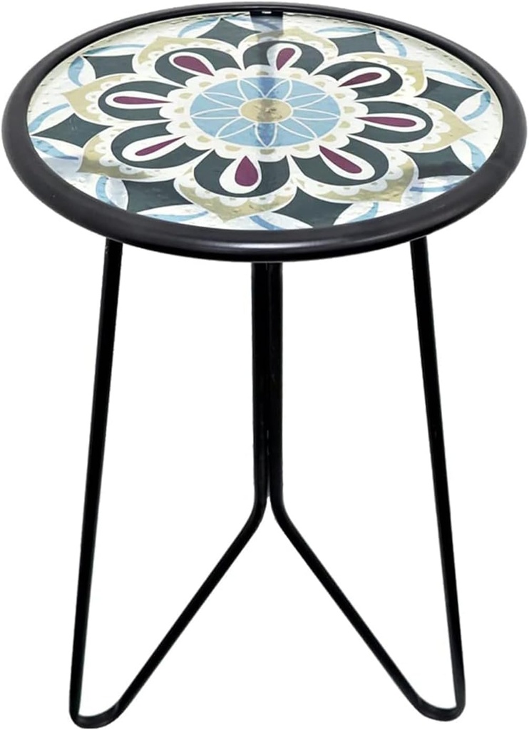 LIFFY Outdoor Side Table,12" Indoor Outdoor Round Glass Tabletop Accent Table with Metal Frame, Decorative Plant Stand & End Table for Patio, Garden, Yard, Kitchen, Porch