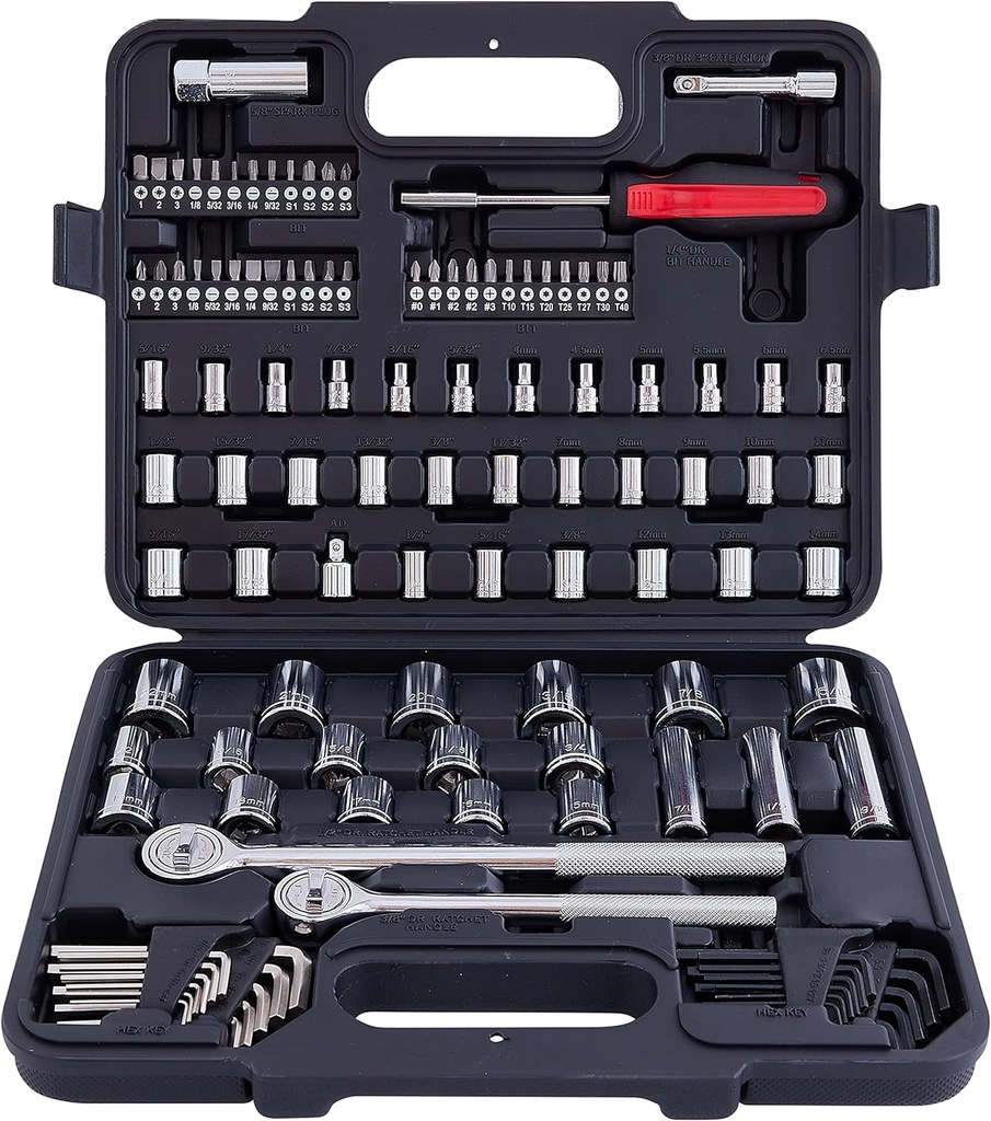 120 Piece Socket Set, 1/2, 3/8 & 1/4 Inch Drive Mechanic Tool Kit Metric & Standard Sockets, for Home, Mechanics, Car, Auto, Bike Repair and as A Gift
