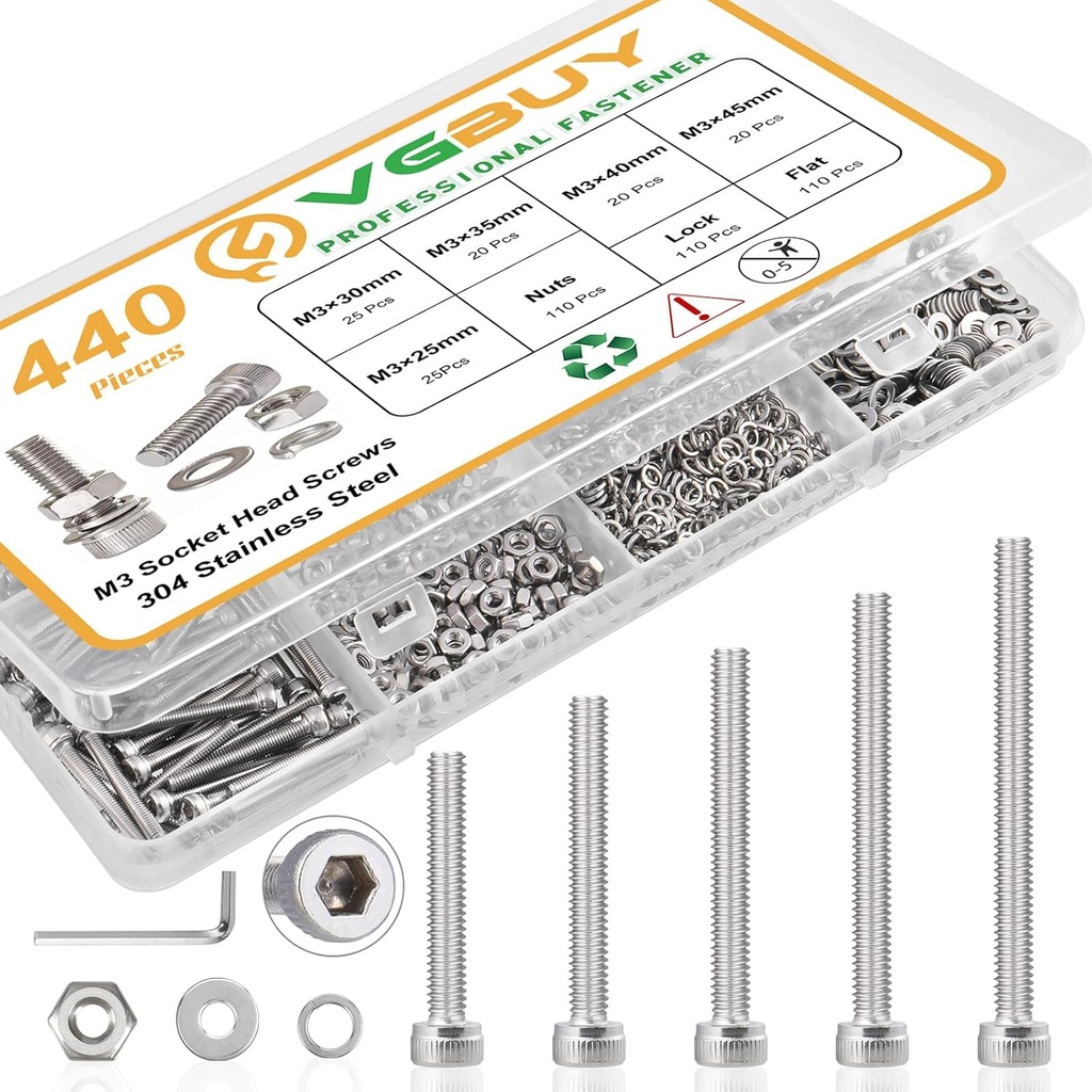 440pcs M3 Screw Assortment Kit, M3 Screws Bolts for 3D Printer DIY, Hex Socket Head Cap Screws Bolts Nuts Washer Kit, 304 Stainless Steel, 25/30/35/40/45mm