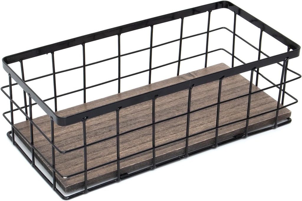 ROSE BLOOM Small Metal Wire Storage Basket, Decorative Wood Base Organizer Bins for Bathroom, Kitchen, Laundry Room, Pantry, Basket for Toilet Paper, Fruits, Spices（1 Pack