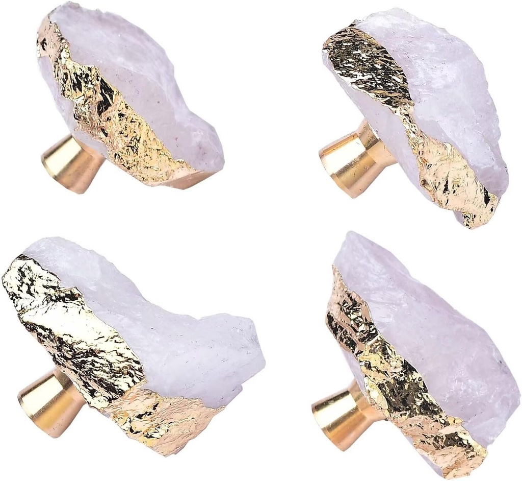White Crystal Stone Cabinet Knobs Geode Drawer Knobs Handles Decorative Gold Plated Gemstone Cupboard Pulls for Home Office Decor 4 Pack