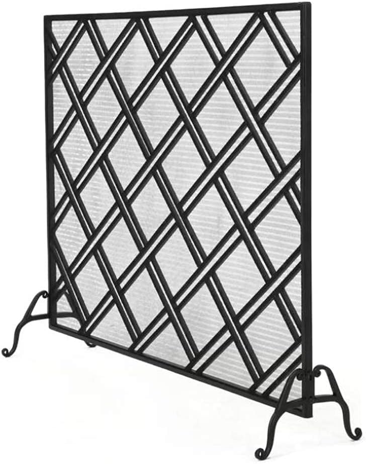 Fireplace Screen, Geometric Decor Solid Wrought Iron Fire Guard with Mesh, Wood Burning Stove Accessories, 110×26×88.5cm
