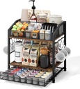 Coffee Bar Organizer - Countertop Coffee Station, 42 K Cup holder Storage Basket with Drawer and Hooks for Syrup, Cups, Stirrer, Condiment, Tea Organizer, Black and Brown