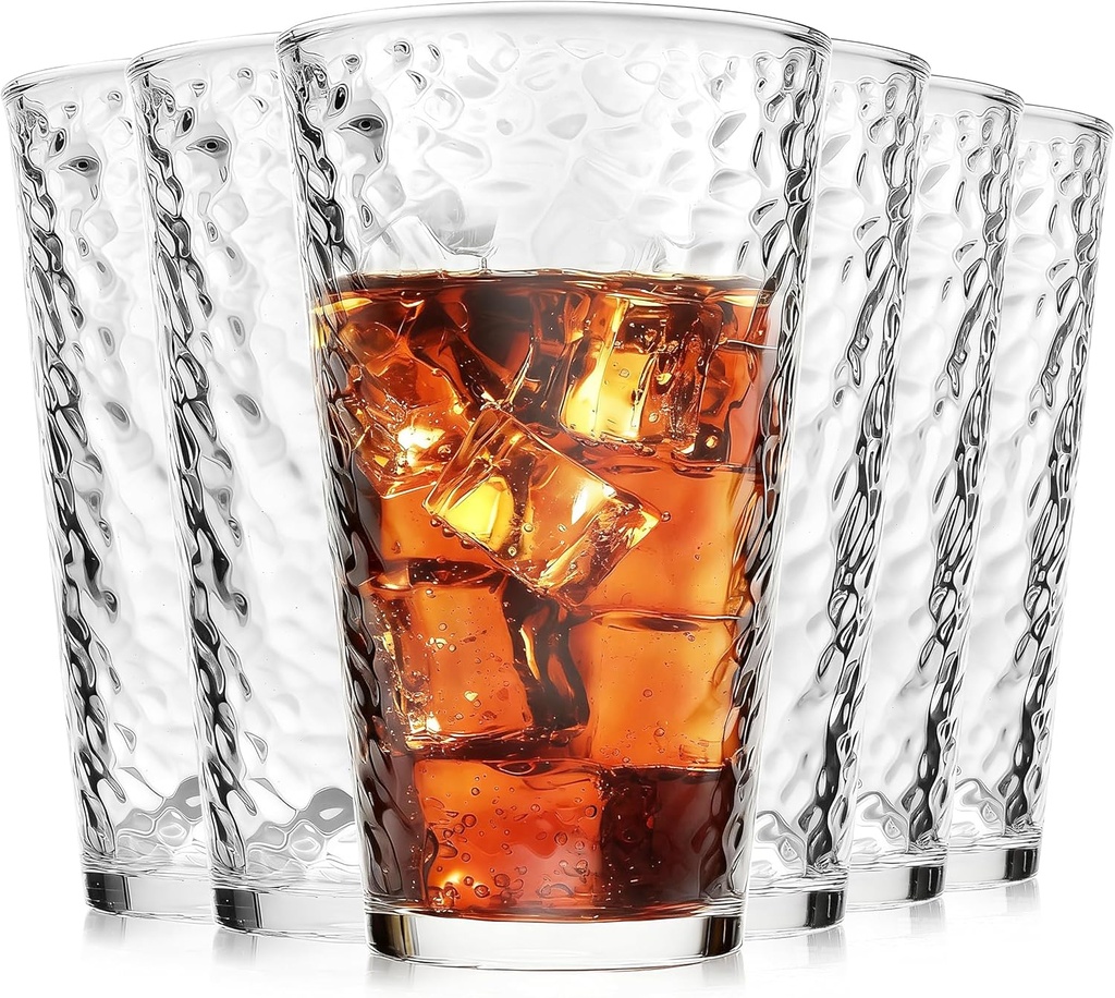 ALINK 16 oz Drinking Glasses, Set of 6 Hammered Glass Cups, Clear Heavy Base Stemmed Highball Water Glasses for Beer, Iced Coffee Cups, Cocktail Glasses, Wine, Iced Tea, Dishwasher Safe