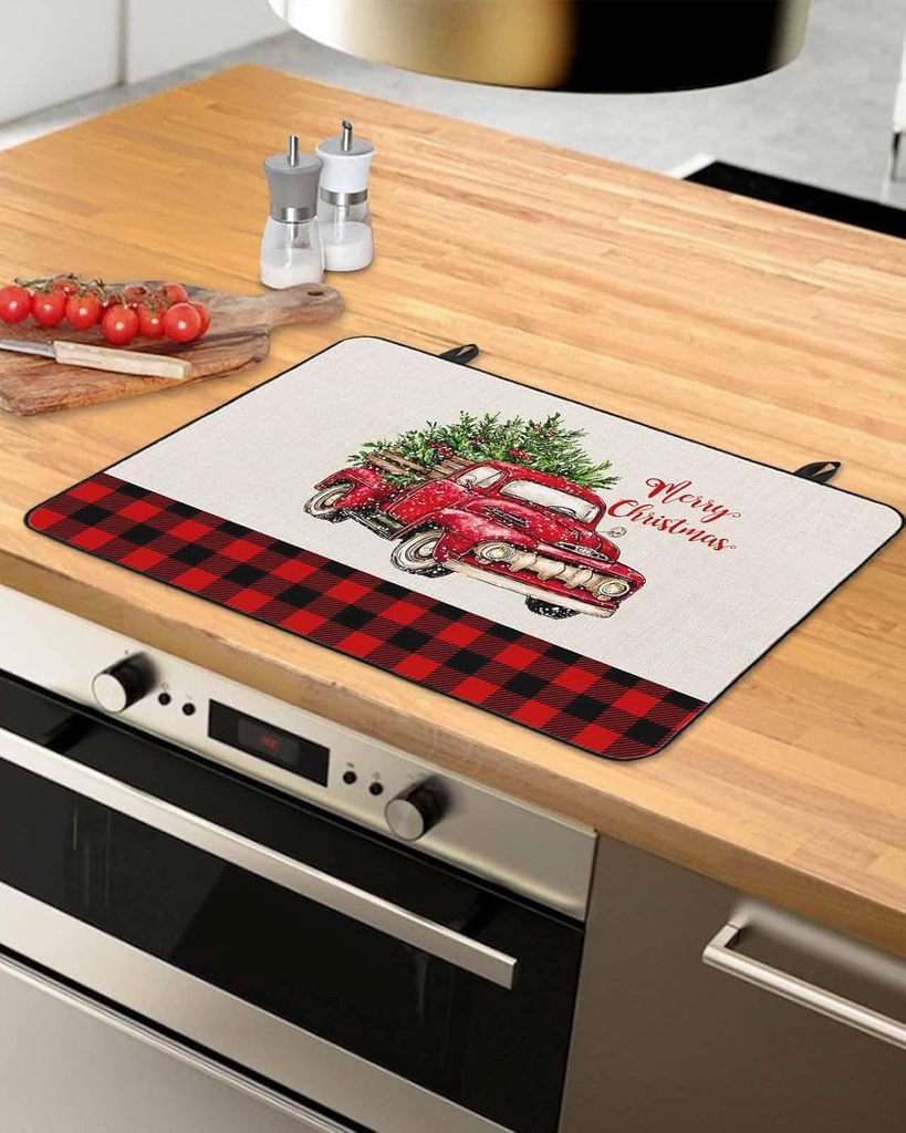 Christmas Countertop Burners Protection Mats for Kitchen, Truck Christmas Tree Snowflakes Red Plaid Rubber Stove Top Cover Mat, Heat Proof Mats Cooktop Cover for Counter Dish Drying Mat, 31"x24"