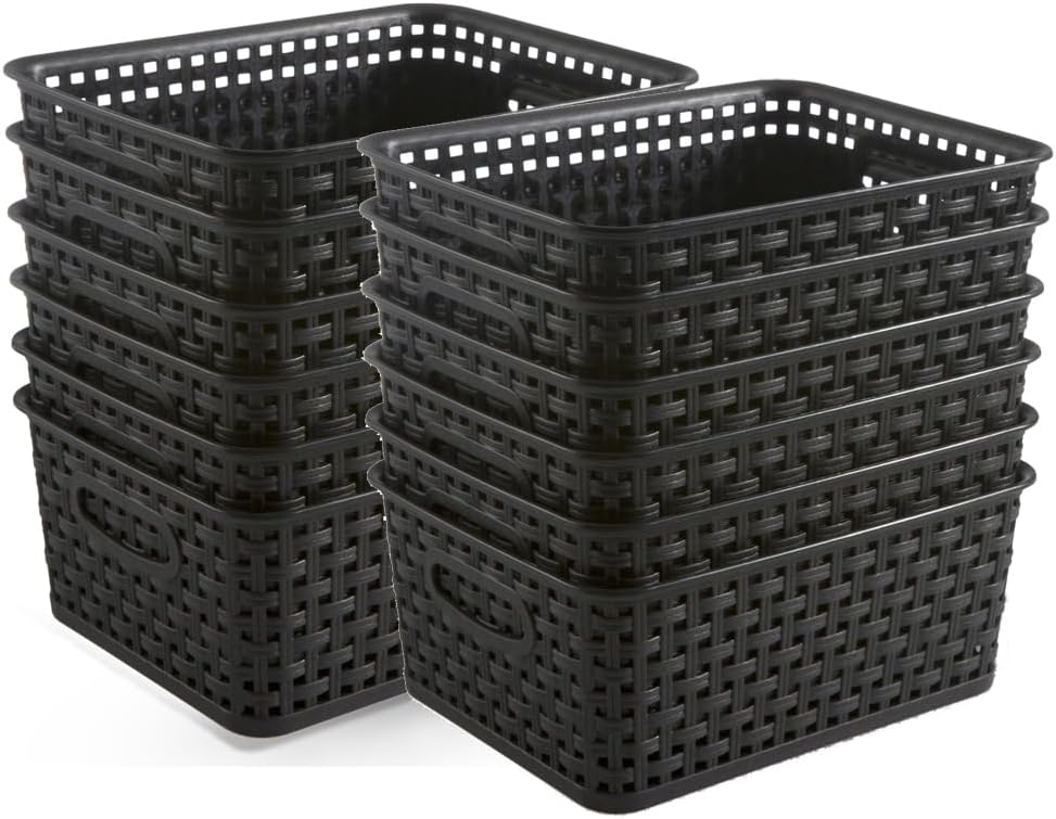 Black Plastic Weave Storage Baskets, 12-Pack Woven Basket Organizer for Kitchen Office Bathroom