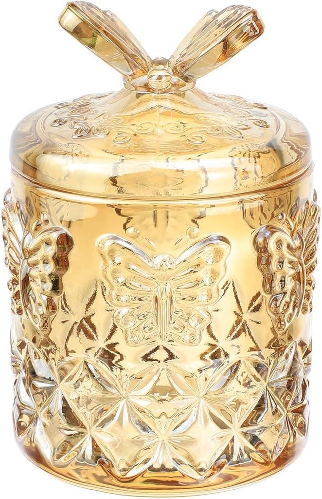 SOCOSY Embossed Amber Glass Butterfly Candy Jar with Lid Footed Jewelry Box Sugar Bowl Wedding Candy Buffet Container Kitchen Storage Jar, 12 oz