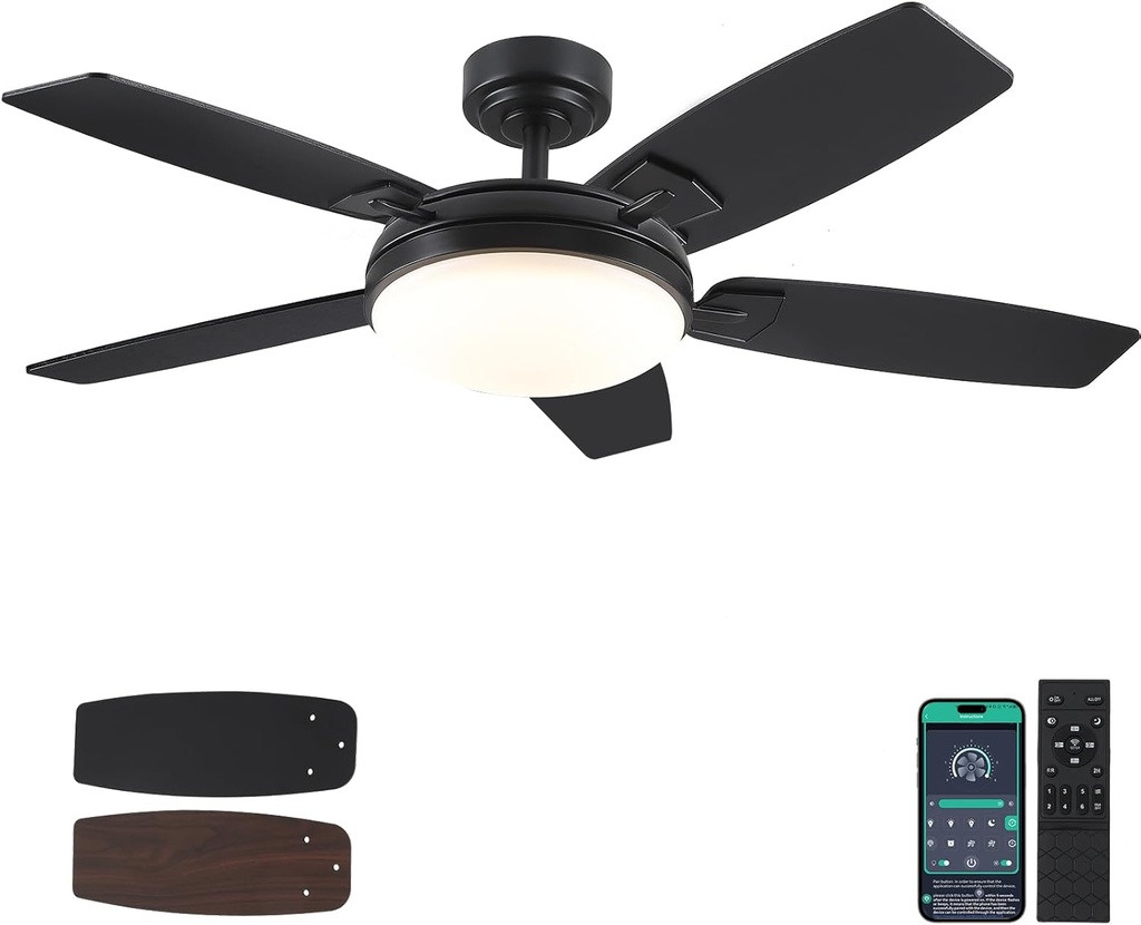 52 Inch Black Outdoor Ceiling Fan with Light and Remote, Modern LED Ceiling Fan for Bedroom & Kitchen with Dimmable 3 Color,Reversible 6 Speeds