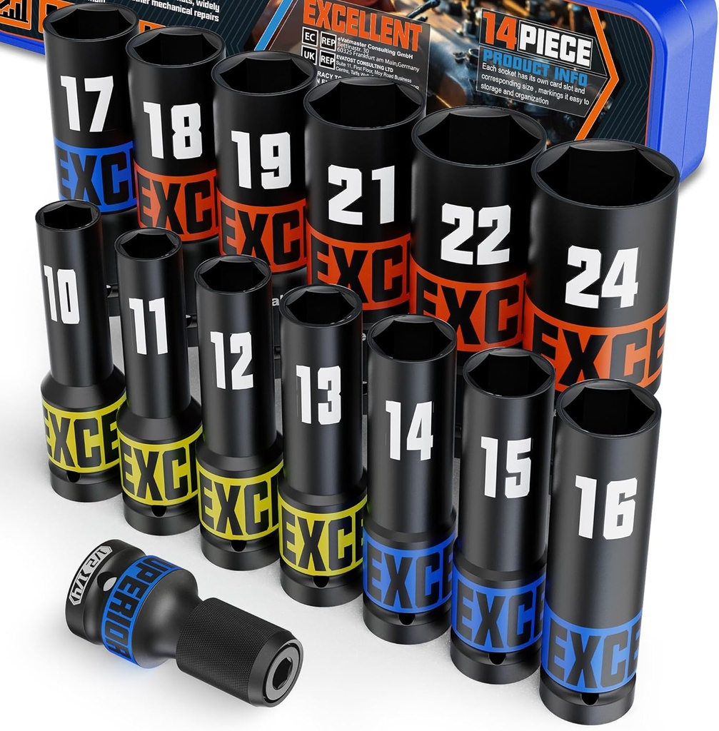 14 Piece 1/2-Inch Drive Impact Socket Set, 10-24mm Deep Sockets, 6 Point Metric Sockets for Automotive Repair, Equipment Maintenance