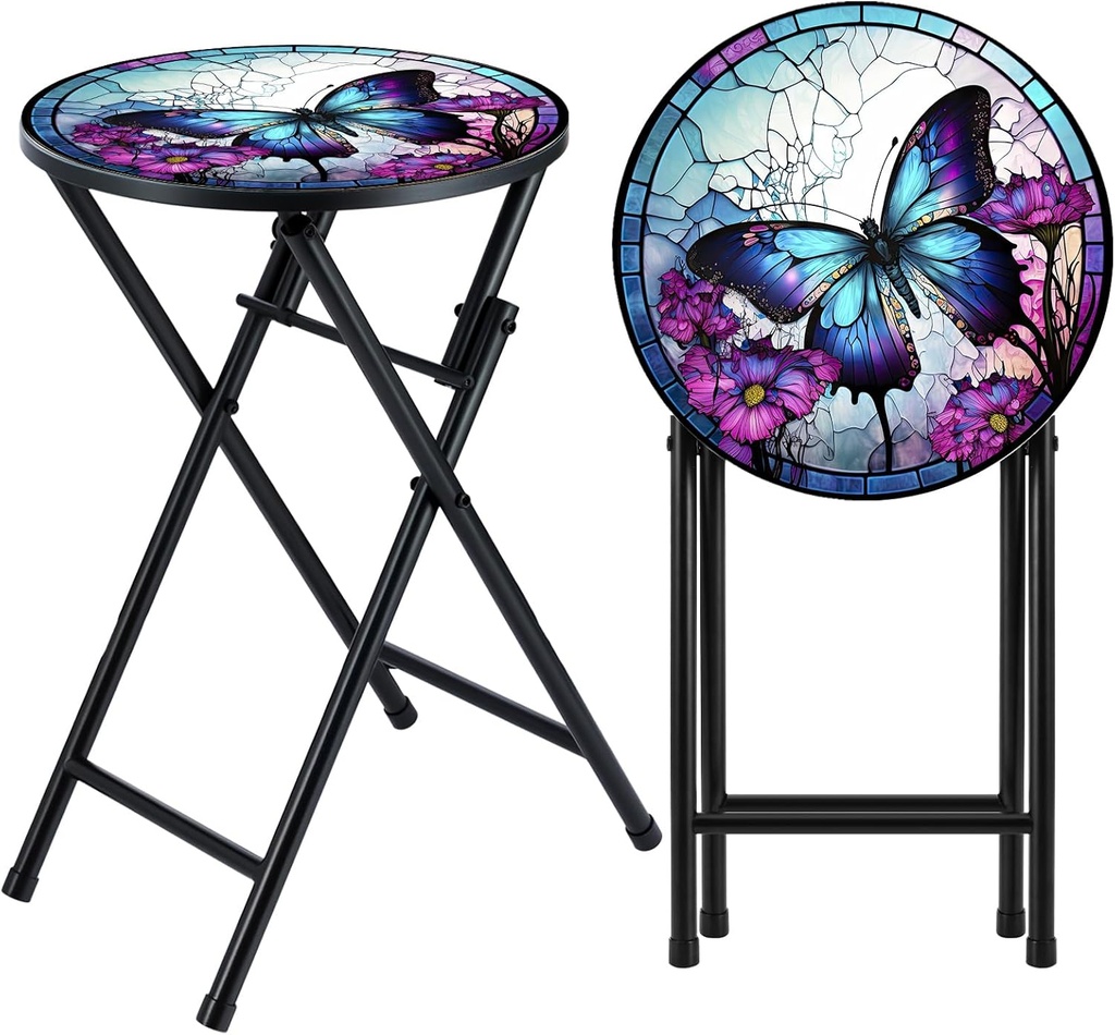1Pc 14" Folding Side Table Outdoor Small Patio Round End Mosaic Accent Indoor Plant Foldable Table for Balcony Tall Cocktail Bar Yard Porch Garden Living Room(Butterfly)