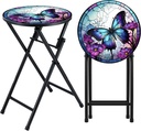 1Pc 14" Folding Side Table Outdoor Small Patio Round End Mosaic Accent Indoor Plant Foldable Table for Balcony Tall Cocktail Bar Yard Porch Garden Living Room(Butterfly)