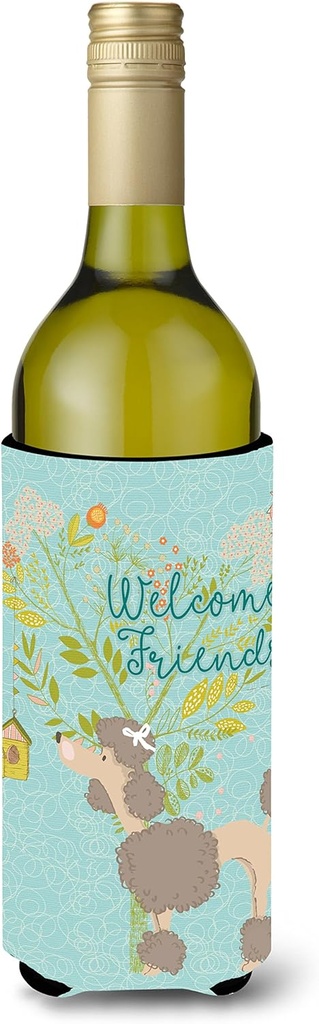 Caroline's Treasures BB7612LITERK Welcome Friends Chocolate Poodle Wine Bottle Hugger Bottle Cooler Sleeve Hugger Machine Washable Collapsible Insulator Beverage Insulated Holder